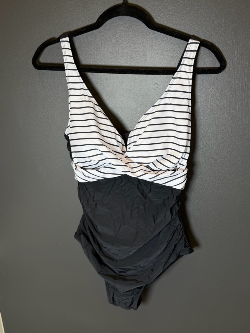 NWT Eomenie One Piece Swimsuit Black White Striped Ruched Tie Back Tummy Control